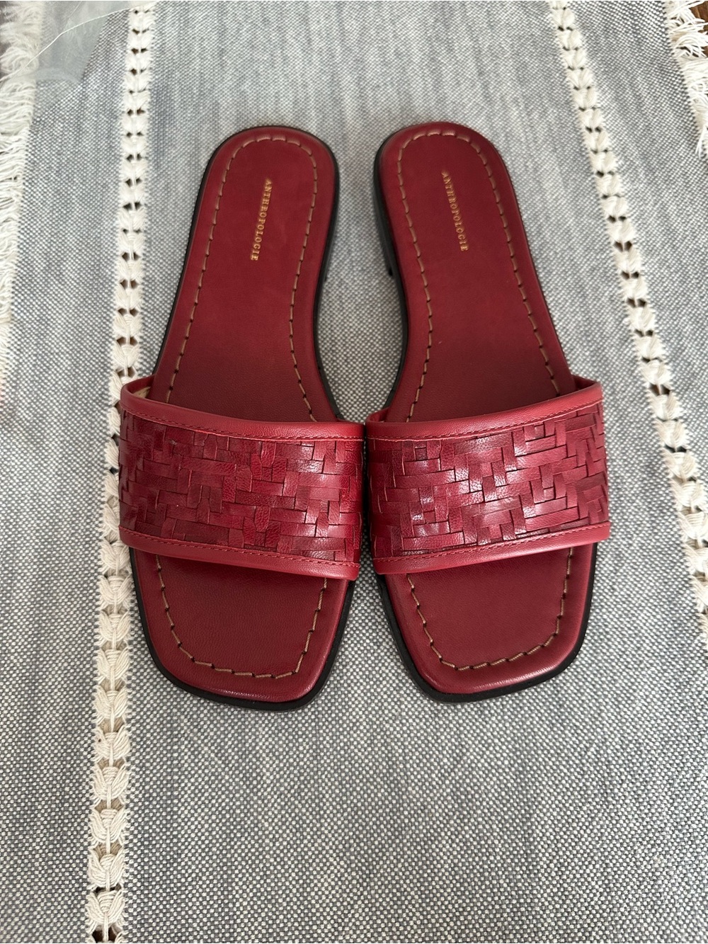 Anthropologie Red Woven Slide Sandals